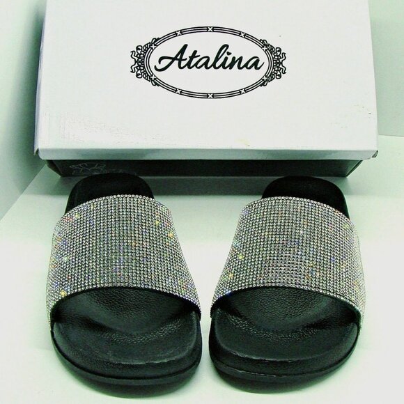 Atalina Shoes - Atalina Women's Slides Rhinestone Glitter Slip Ons